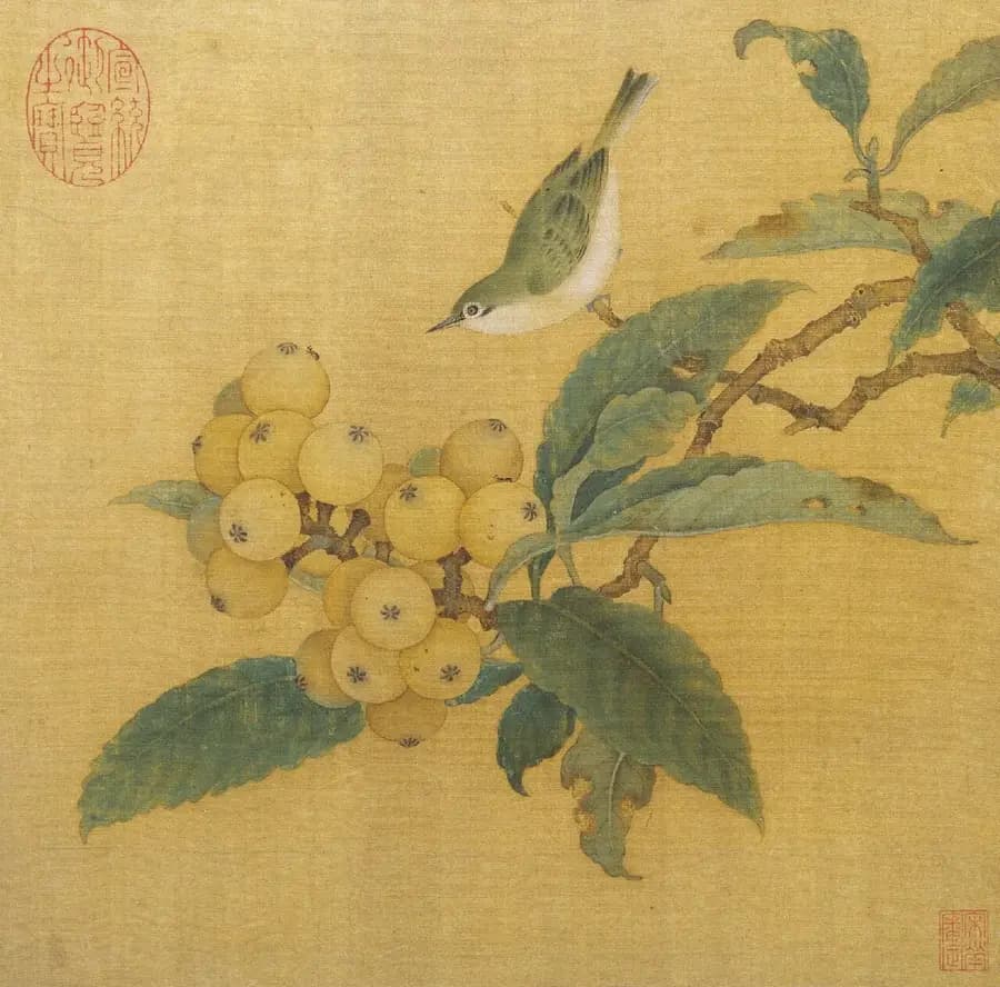 Loquats and Mountain Bird, a Song dynasty album leaf — ripe fruit on the branch, the Fire Goat year's image of what gets finished and handed over
