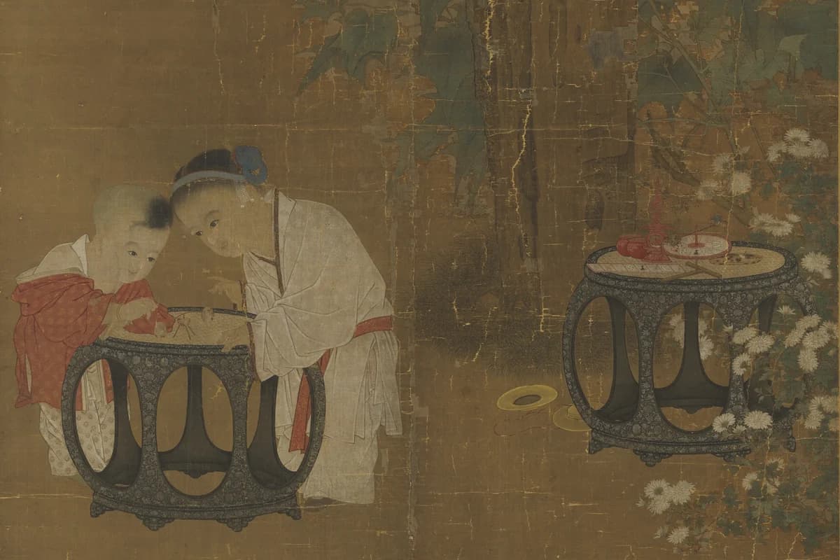 Children Playing in an Autumn Courtyard, Song dynasty: an older sister leans in beside her little brother over a game on a lacquered stool