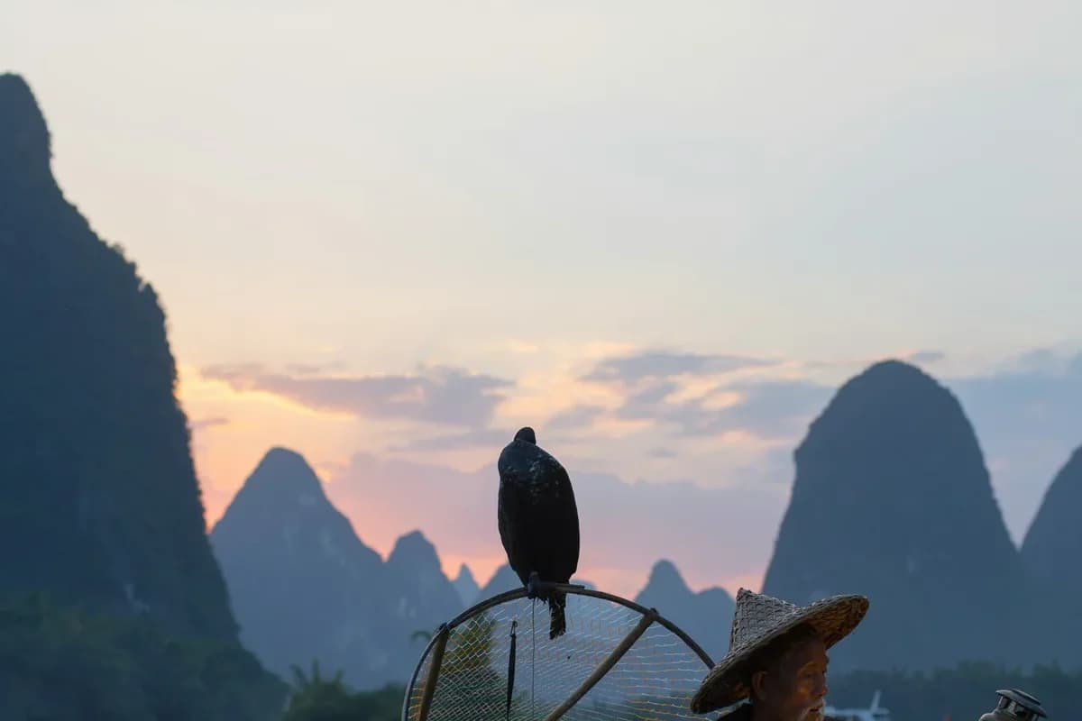 Guilin fisherman at sunset with karst mountains