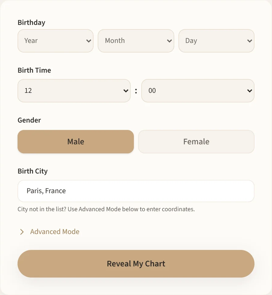AstroBazi calculator form — birthday, birth time, gender, with Birth City auto-filled to "Paris, France"