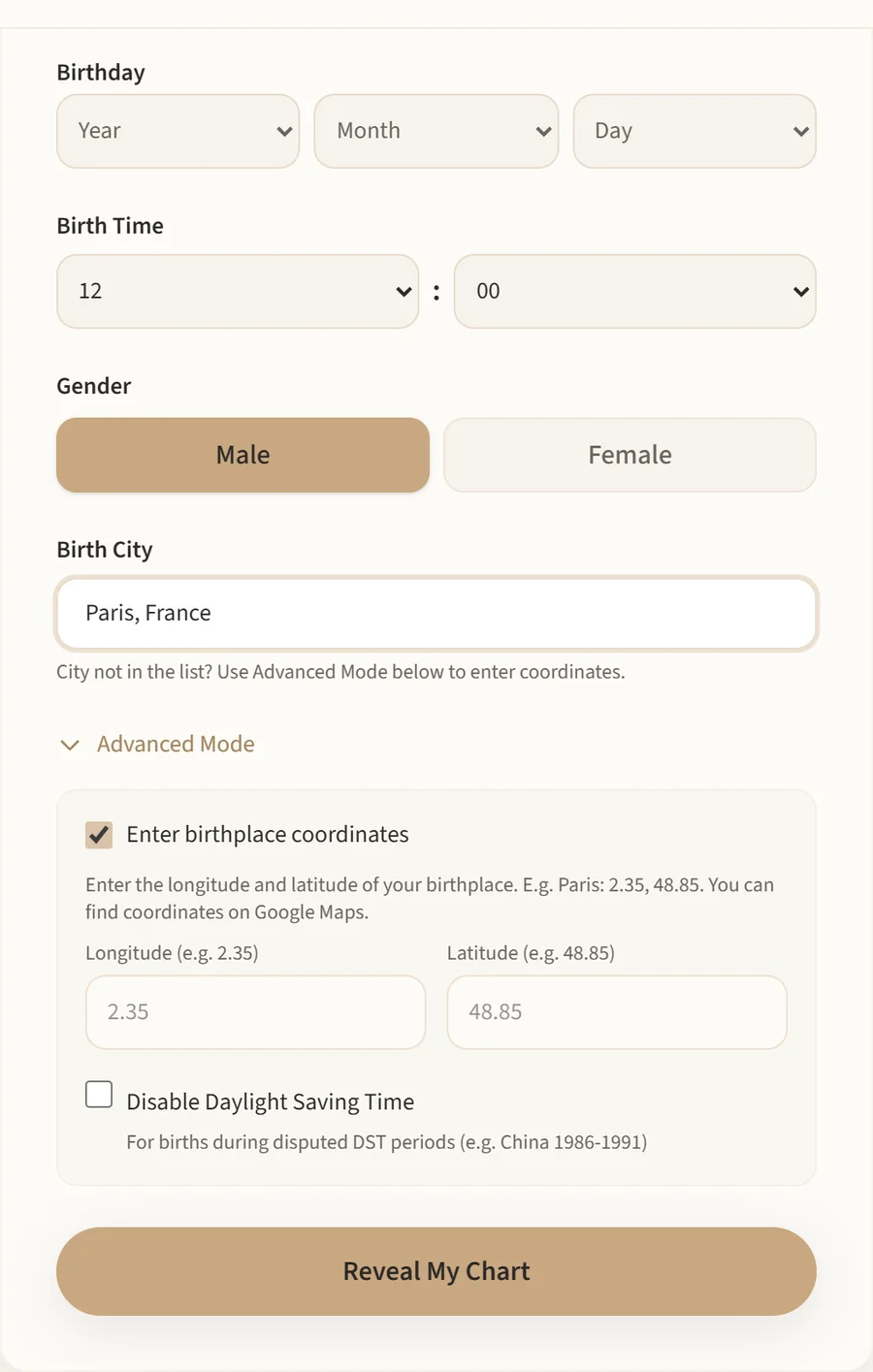 Calculator's Advanced Mode expanded — shows manual longitude/latitude inputs and the Disable Daylight Saving Time checkbox